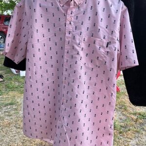 Short-Sleeve Pink Button-Down Shirt with Pineapple Print